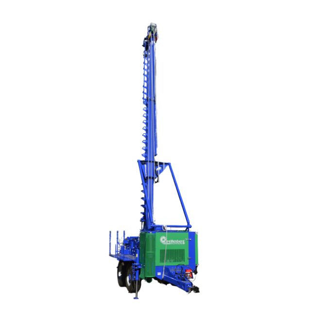 Piattaforma di perforazione mobile blu e verde su rimorchio, per l'edilizia.