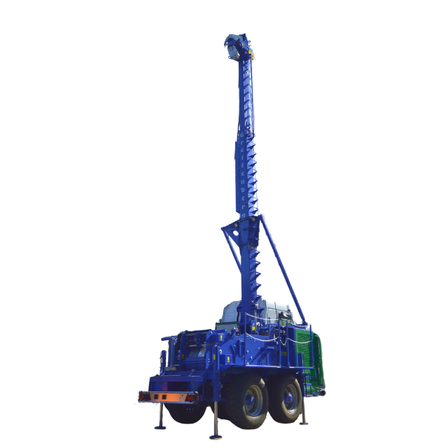 Impianto di perforazione mobile blu su rimorchio, con coclea estesa, pronto per la perforazione.
