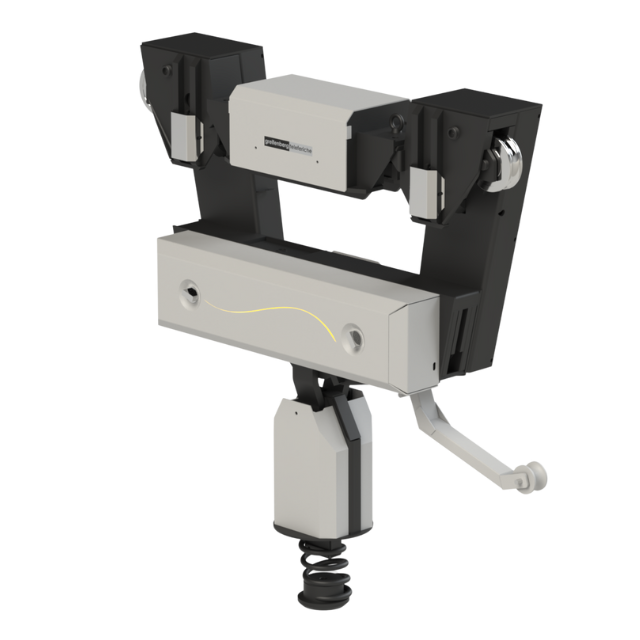 Braccio robotico dal design bianco e nero, utilizzato nella produzione.