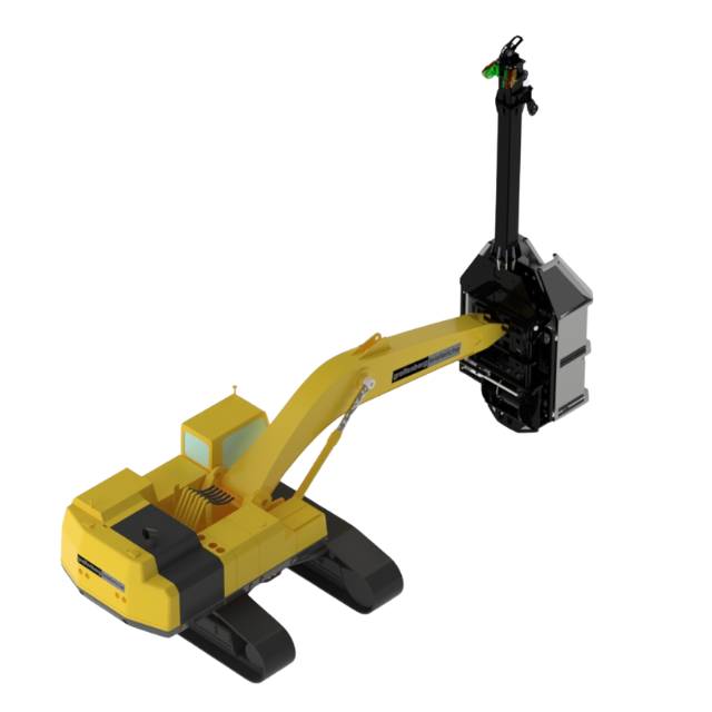 Escavatore giallo con cingoli neri e braccio robotico estensibile.