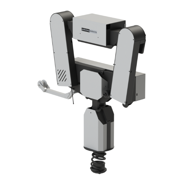 Braccio robotico, grigio e nero, con braccio esteso, su sfondo bianco.