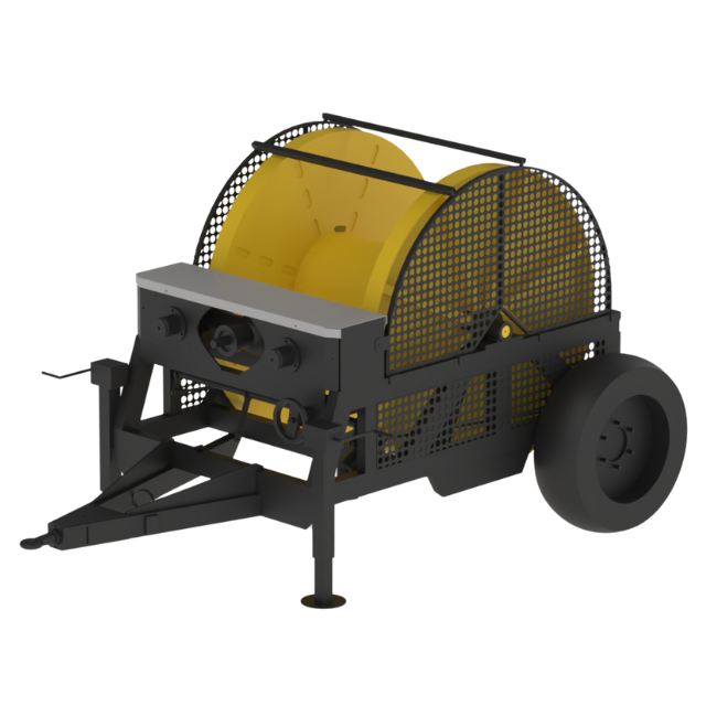 Rimorchio avvolgicavo nero e giallo con gabbia metallica e ruote, pronto per l'installazione dei cavi.
