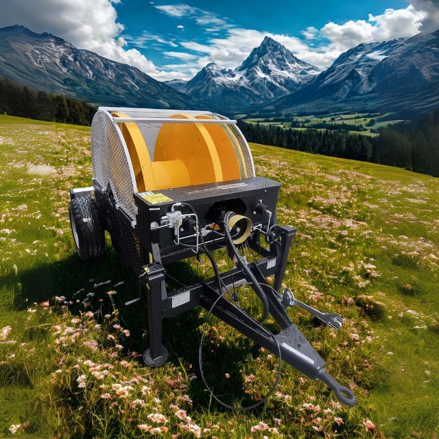 Macchina per l'irrigazione agricola su una collina con montagne sullo sfondo.