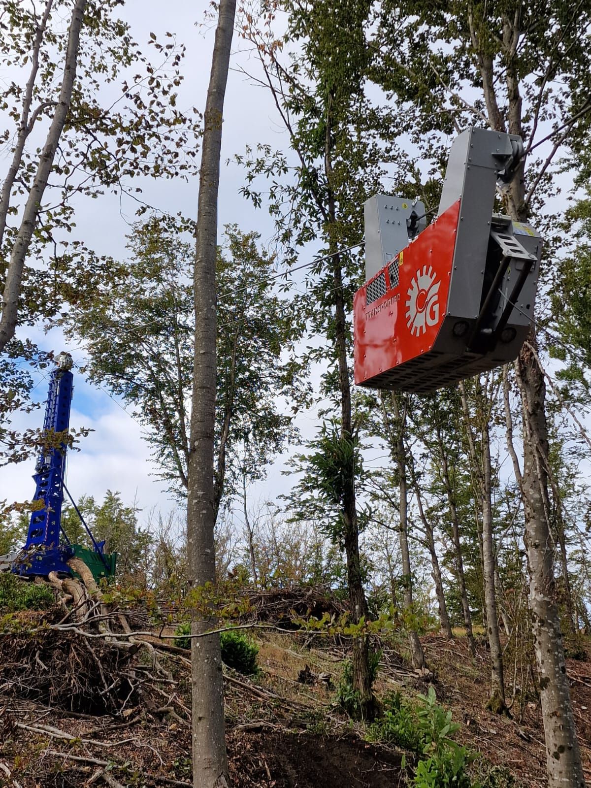 Una grande macchina rossa e grigia sospesa in una foresta, forse una gru per il trasporto di legname, circondata da alberi.
