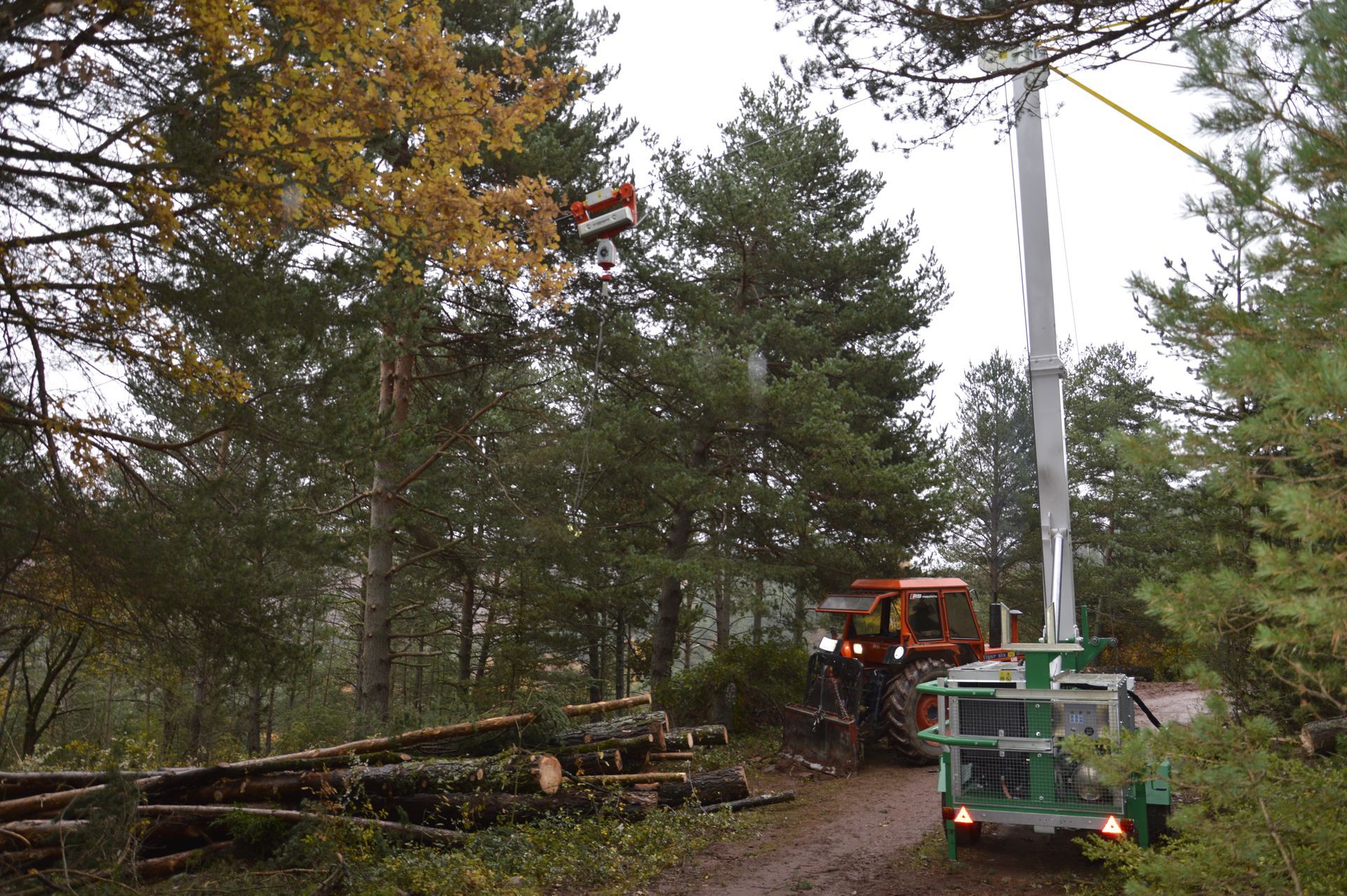 Attrezzatura forestale, tra cui un trattore e una gru, che abbatte alberi in una zona boscosa.