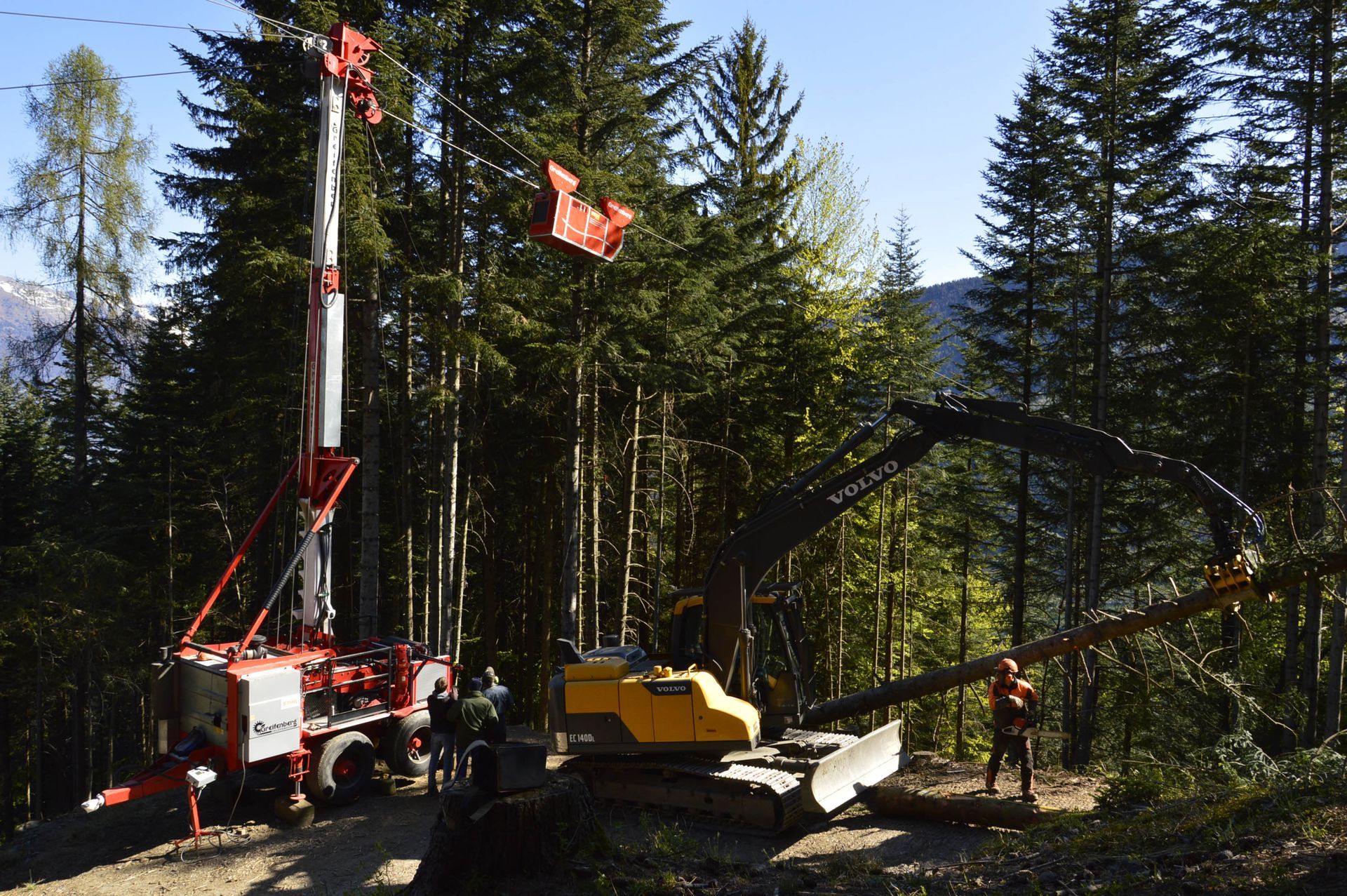 Operazione di disboscamento in una foresta: escavatore con braccio a pinza, macchina per la raccolta degli alberi e operai.