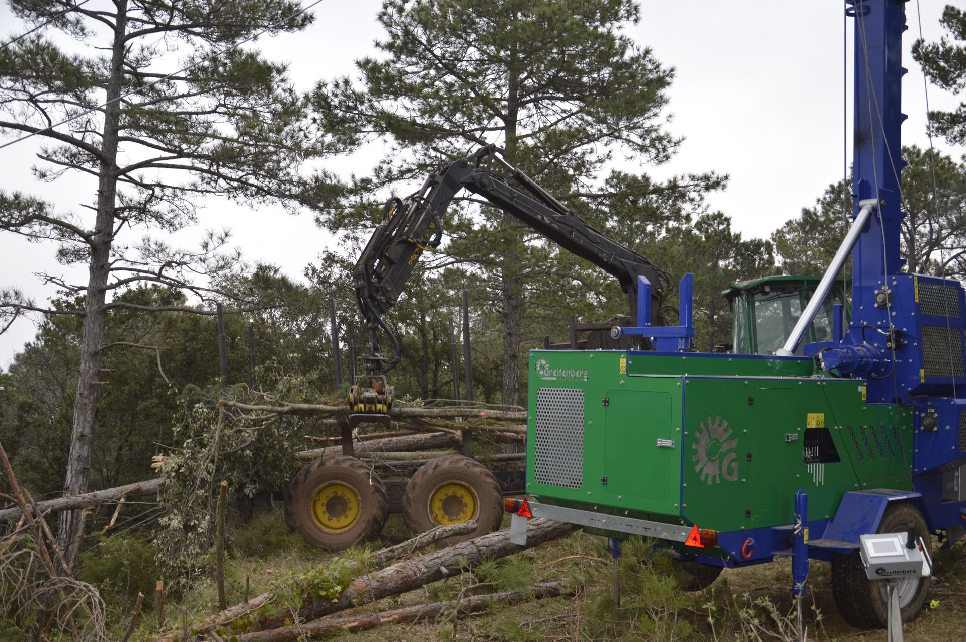 Un cippatore di legno verde che lavora i tronchi in una foresta, con una gru e un rimorchio blu.
