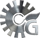 Logo a forma di ingranaggio con texture in metallo spazzolato, iniziali "CG" integrate con fiamma stilizzata.