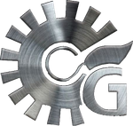 Logo a forma di ingranaggio con texture in metallo spazzolato, iniziali "CG" integrate con fiamma stilizzata.