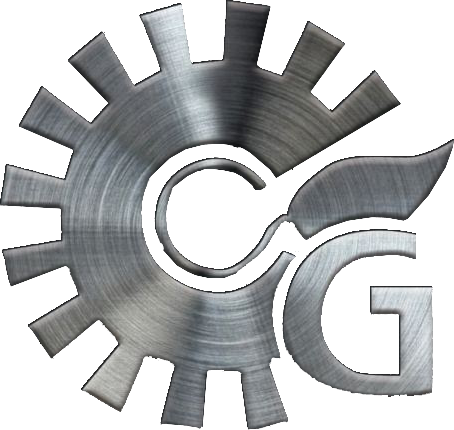 Logo a forma di ingranaggio con texture in metallo spazzolato, iniziali "CG" integrate con fiamma stilizzata.