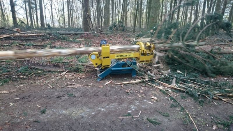 Macchina spaccalegna gialla che taglia un albero in una foresta.