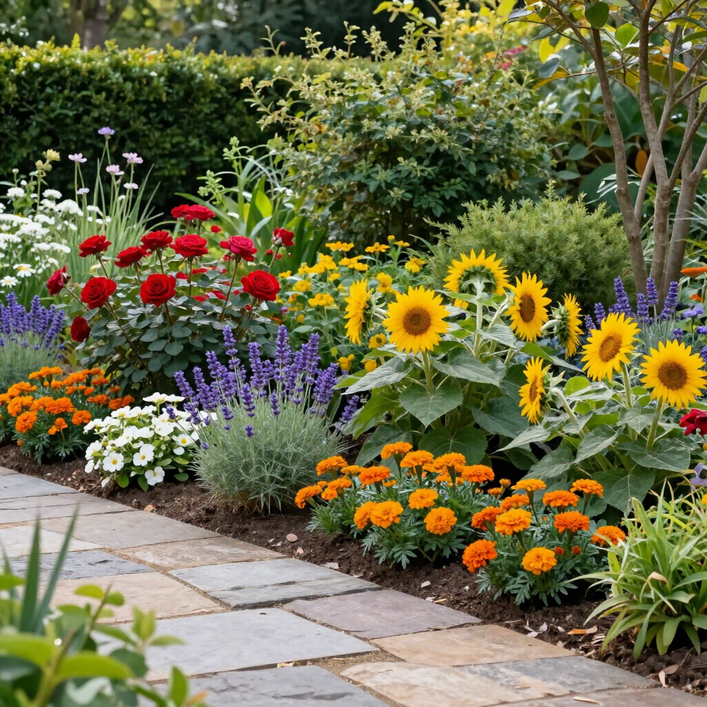 Colourful front garden with a paved pathway, flowering plants and sunflowers enhancing kerb appeal.