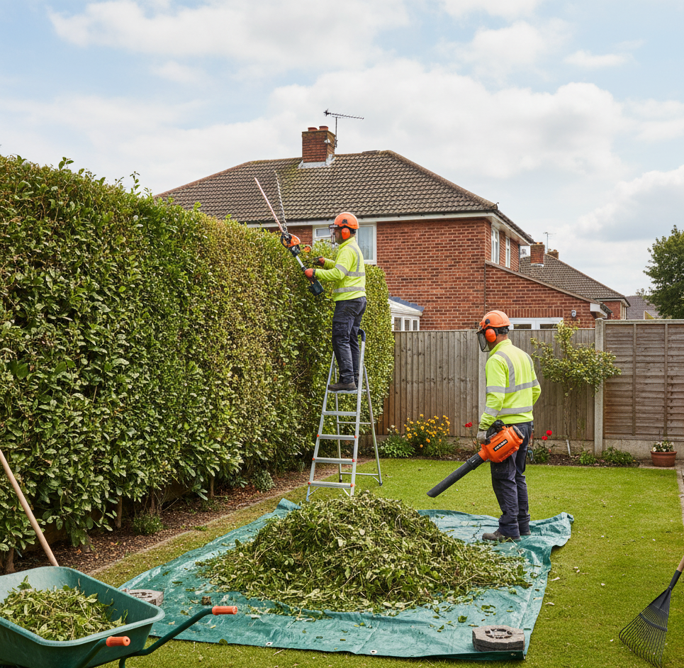 Two people trimming a hedge in a back garden in Redhill. One on a ladder using hedge trimmers, the other using a leaf blower.