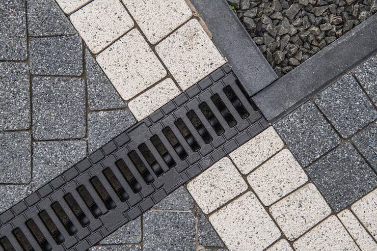 Diagonal storm drain grate set in gray and white paving stones.