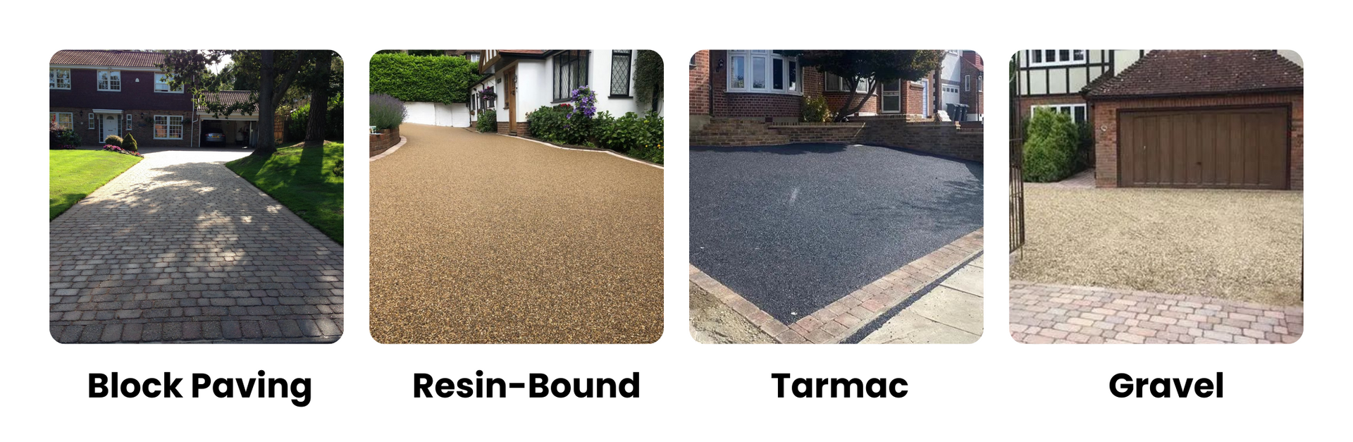 Comparison of driveway materials: block paving, resin bound, tarmac, and gravel