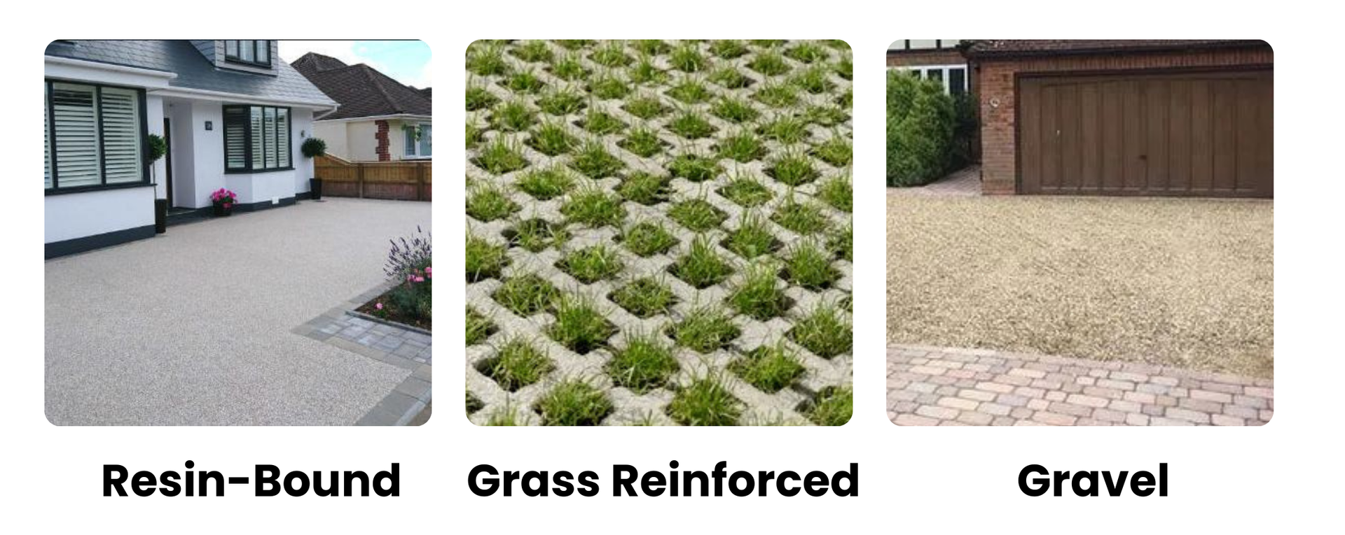 Three pictures of different types of driveways including resin-bound grass reinforced and gravel