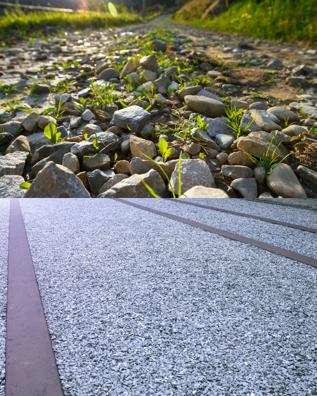 Top: Rocky dirt path with small green plants. Bottom: Smooth gray gravel with dark stripes.