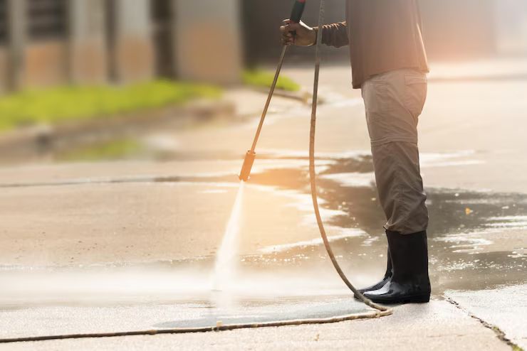 man spraying water in footpath as part of regular driveway maintenance