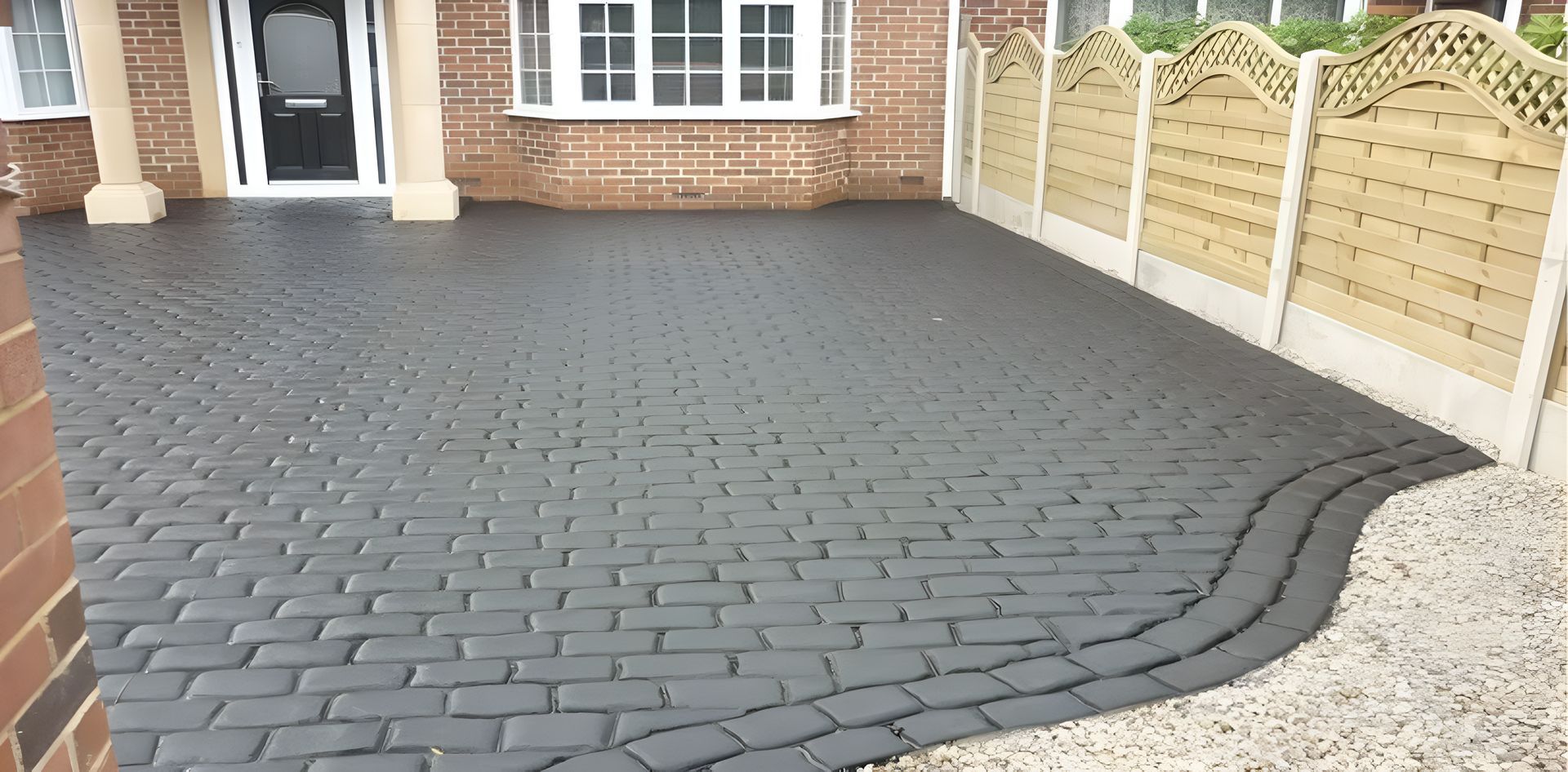 Dark gray brick paved driveway in front of a house, with a decorative fence to the right.