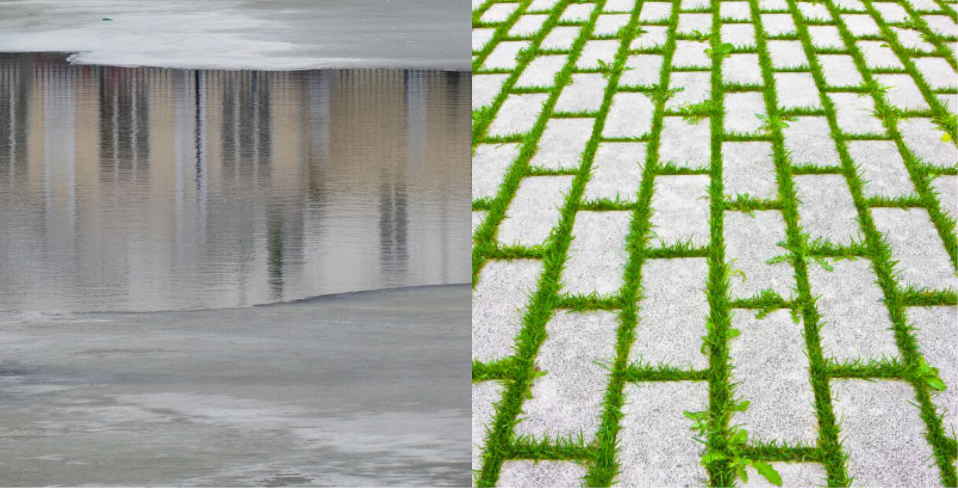 A picture of a traditional driveway next to a picture of a brick walkway with grass growing on it.