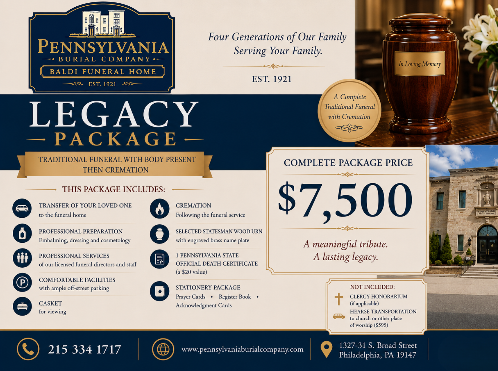 Legacy Package Complete Traditional Funeral Cremation Package, Badi funeral home Philadelphia broad