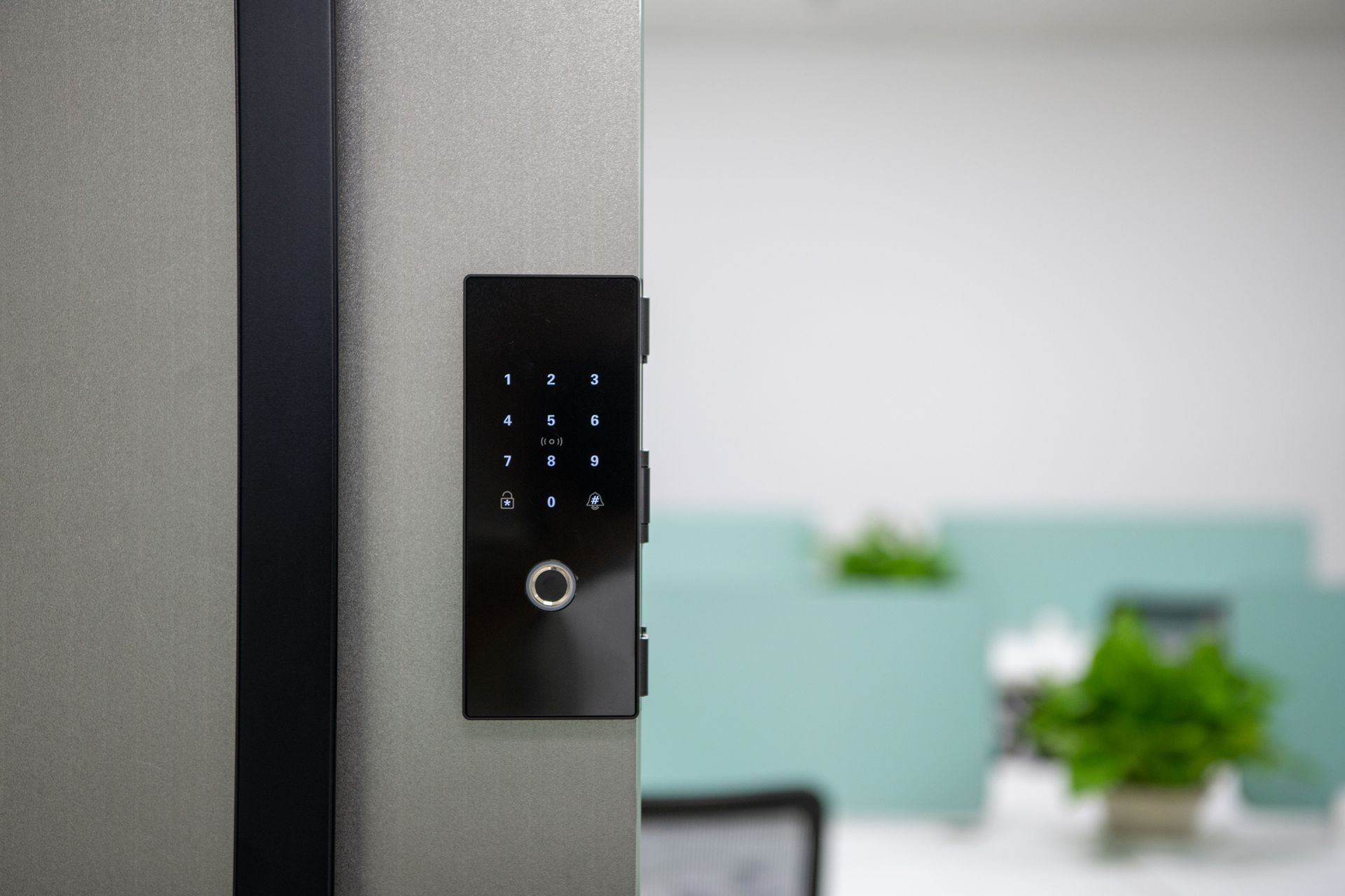 Office door with digital password lock, secure commercial building access control system