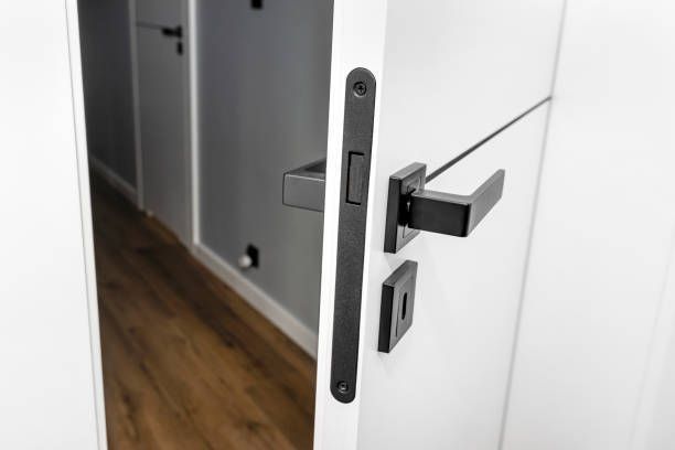 Modern white door with matte black handle and magnetic locks from Baltimore Door and Frame Company