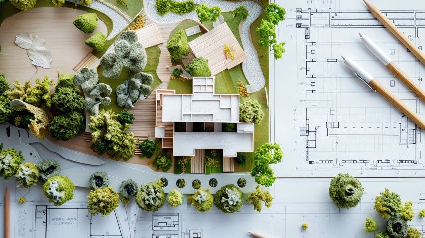 Architectural site plan with a modern house model, trees, and blueprint sketches on a desk