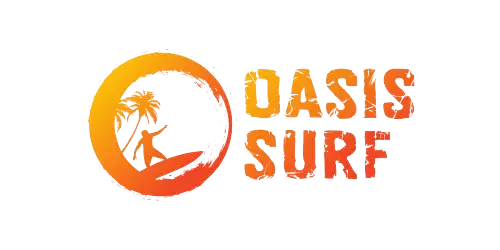 A logo for oasis surf with a person riding a surfboard in a circle.