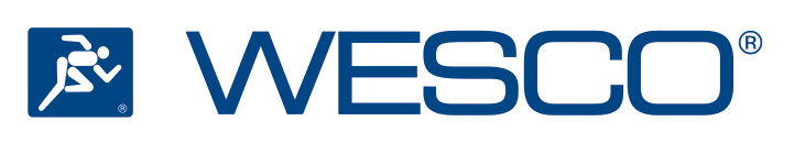 A blue logo for wesco with a person running