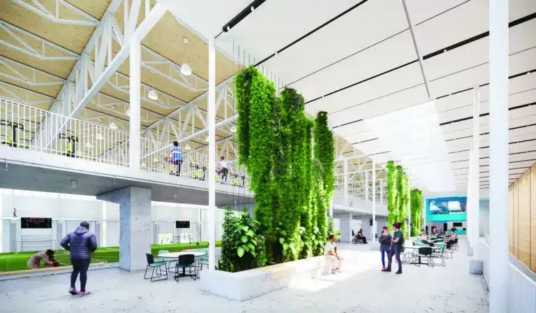 An artist 's impression of the interior of a building with plants growing on the walls.
