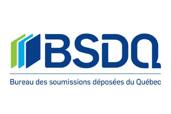 A blue and green bsdq logo on a white background