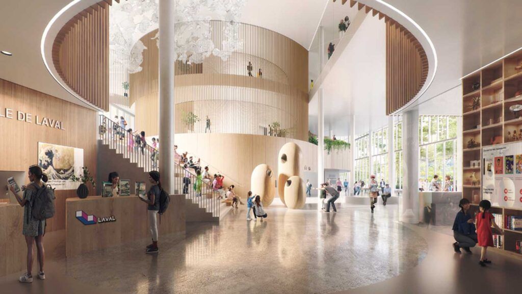 An artist 's impression of a large building with a lot of people in it.