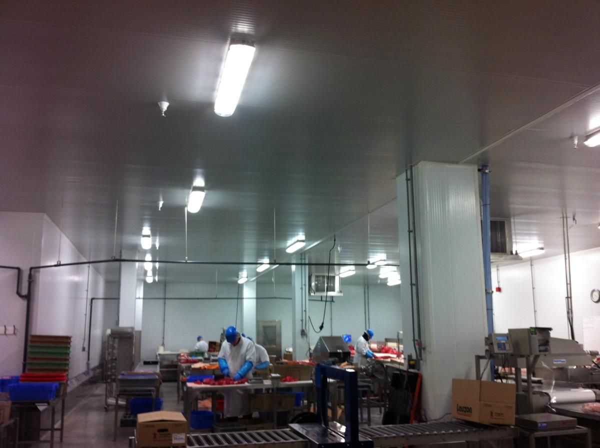A group of people are working in a kitchen in a factory.
