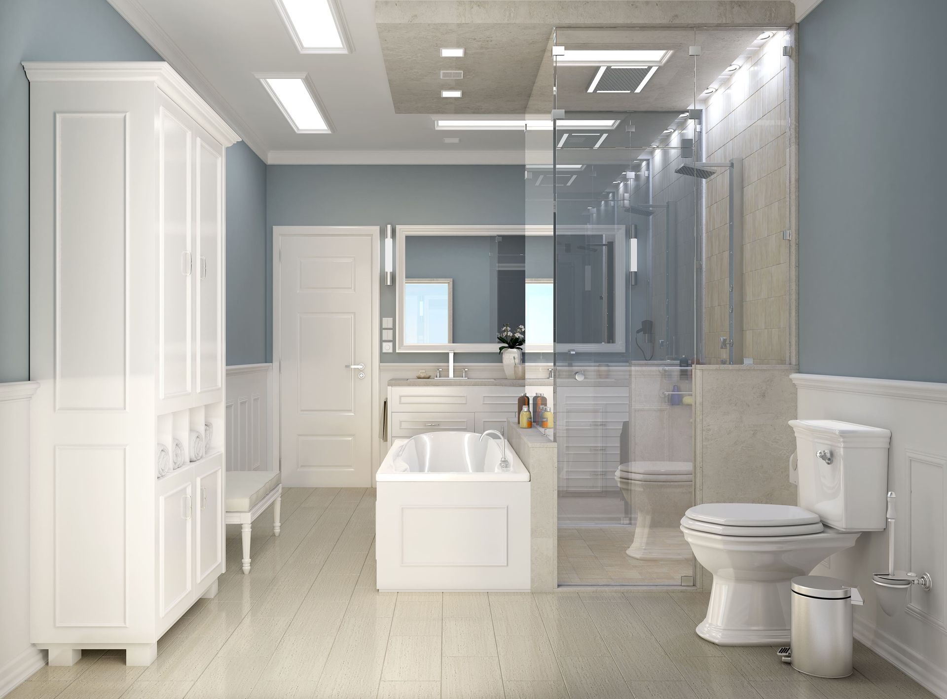 A bathroom with a tub , toilet , and mirror