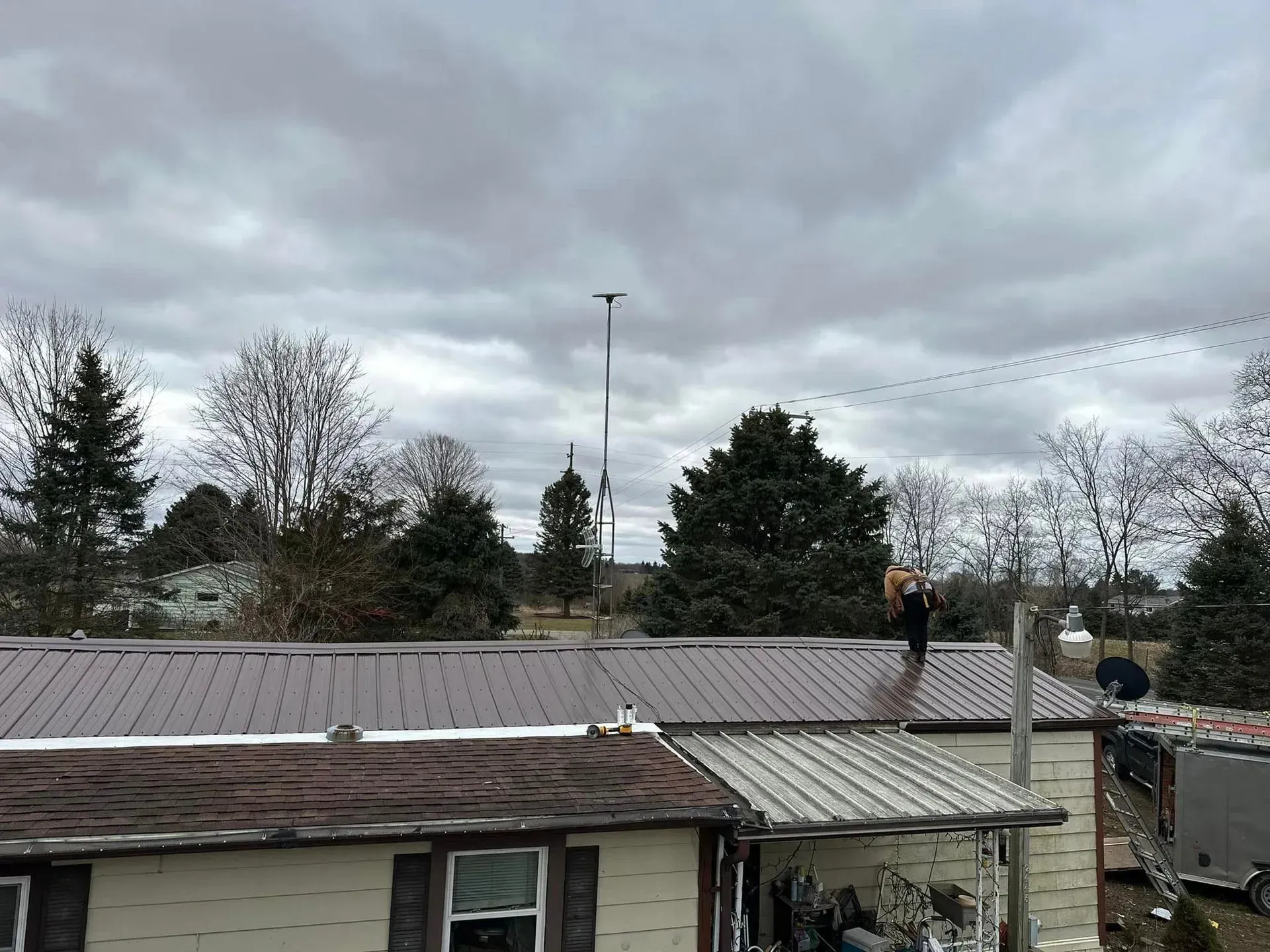 Overcast rooftop scene with trees and a person standing near a chimney