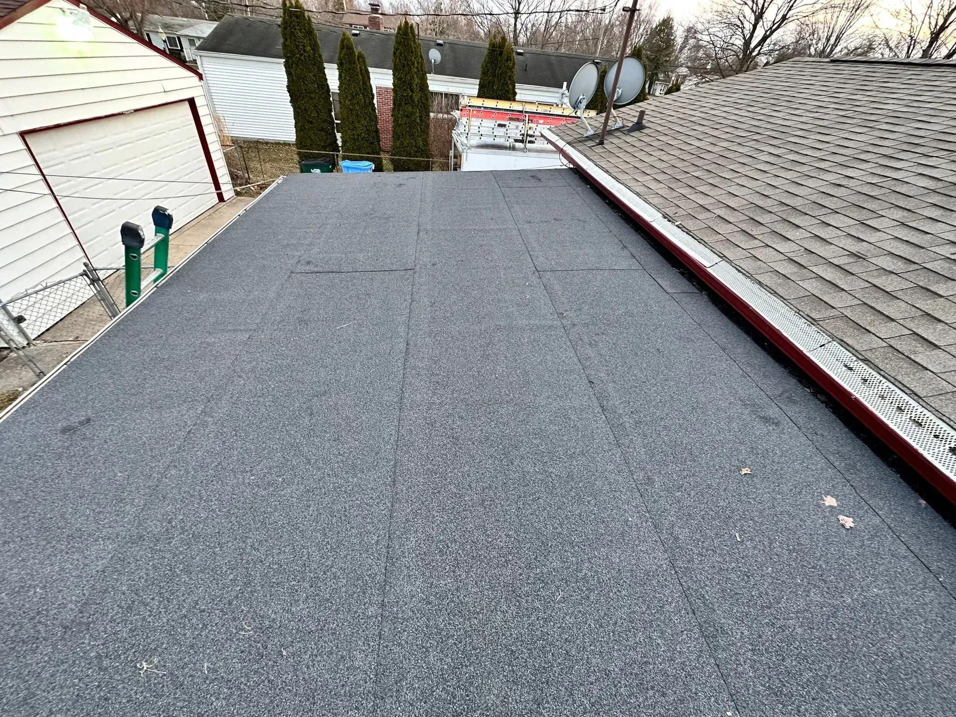 Flat gray rooftop beside neighboring houses and evergreen trees