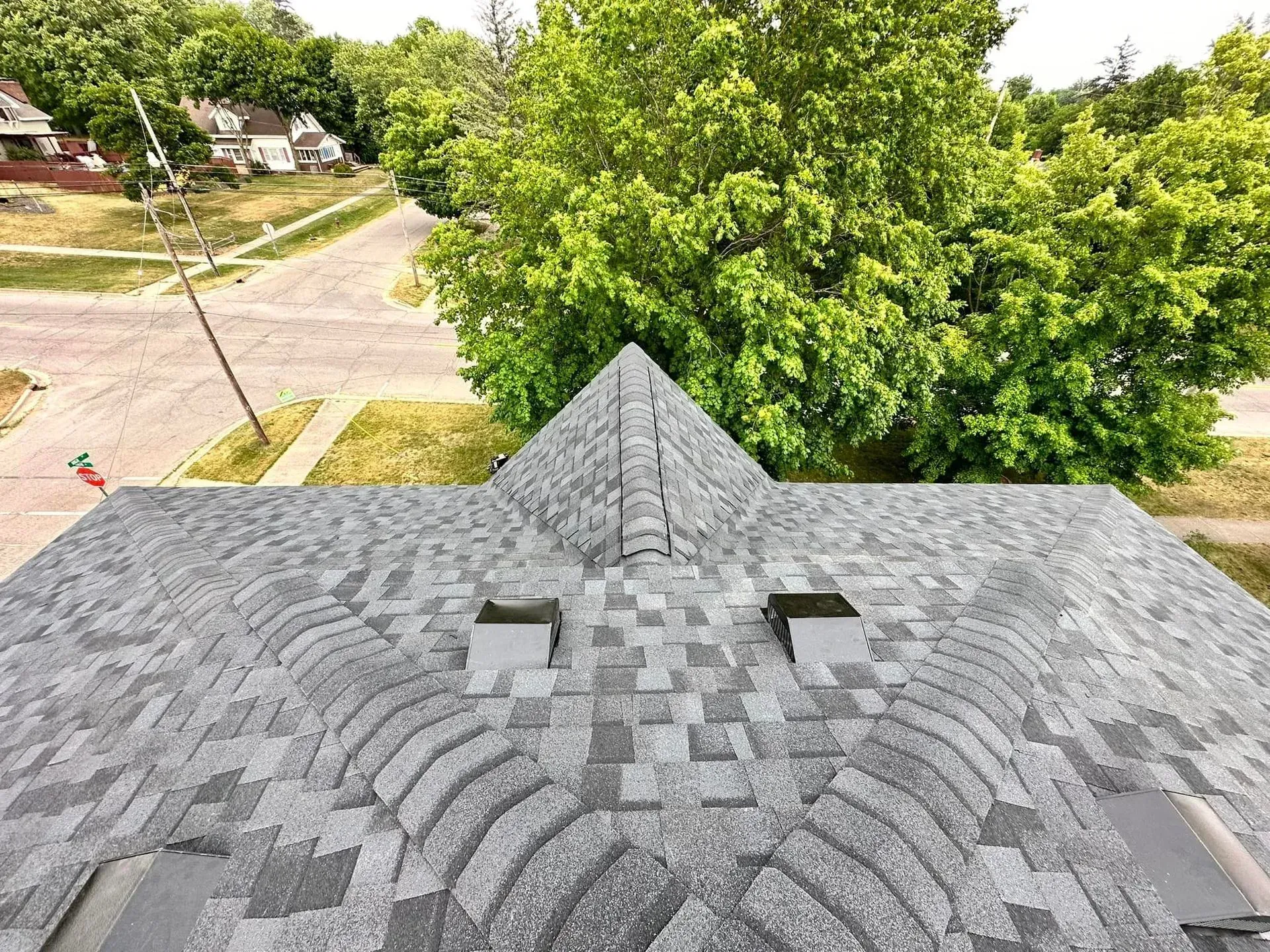 View from a roof over a leafy suburban street, with gray shingles and two skylights in the foreground