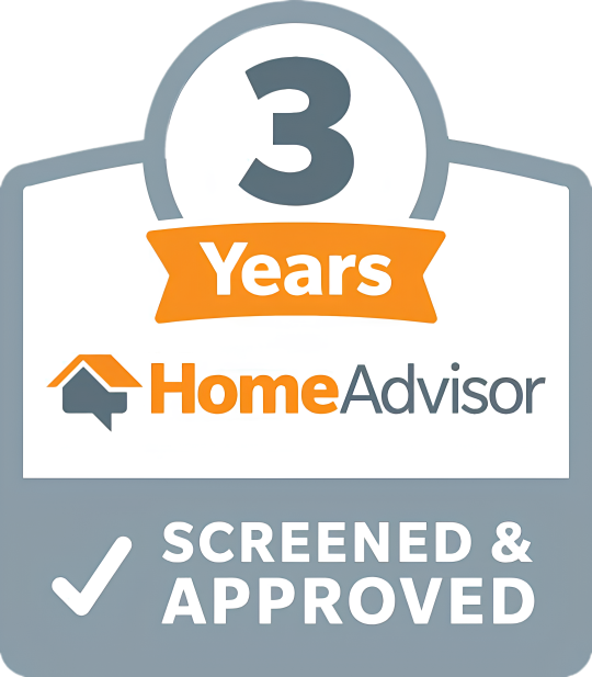 HomeAdvisor badge with “3 Years” and “Screened & Approved” text and checkmark
