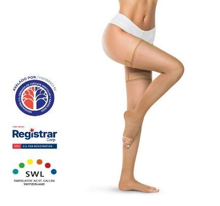 Imagen de estilo médico de una mujer en ropa interior blanca que muestra la anatomía de la pierna y dolor de rodilla, con logotipos de clínicas a la izquierda.