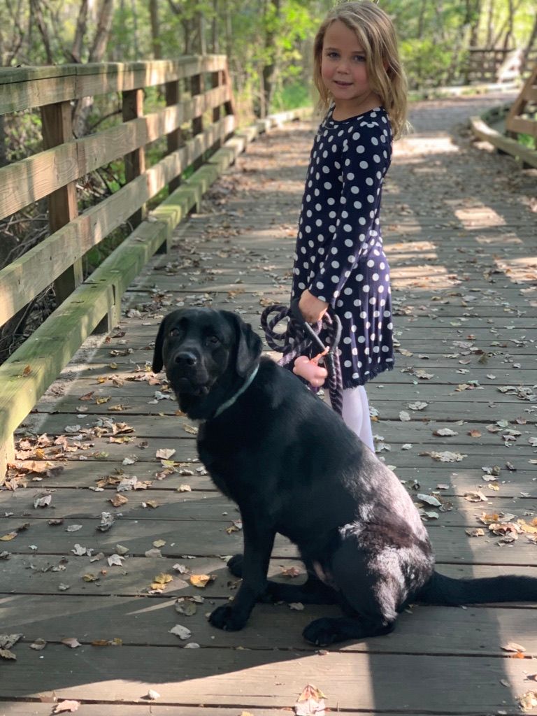 Girl standing with a black dog on a wooden bridge in a leafy outdoor setting