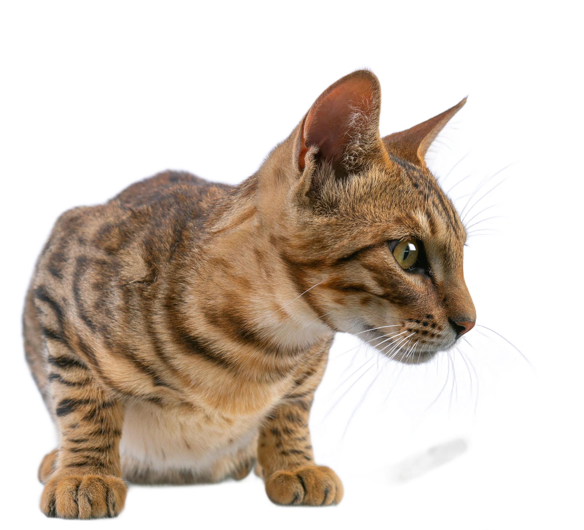 Brown tabby cat in profile, crouching