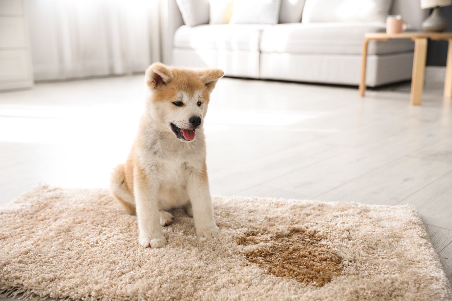 Adorable akita inu puppy near puddle on rug at home