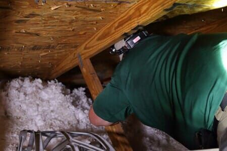 A man in a green shirt is working in an attic.