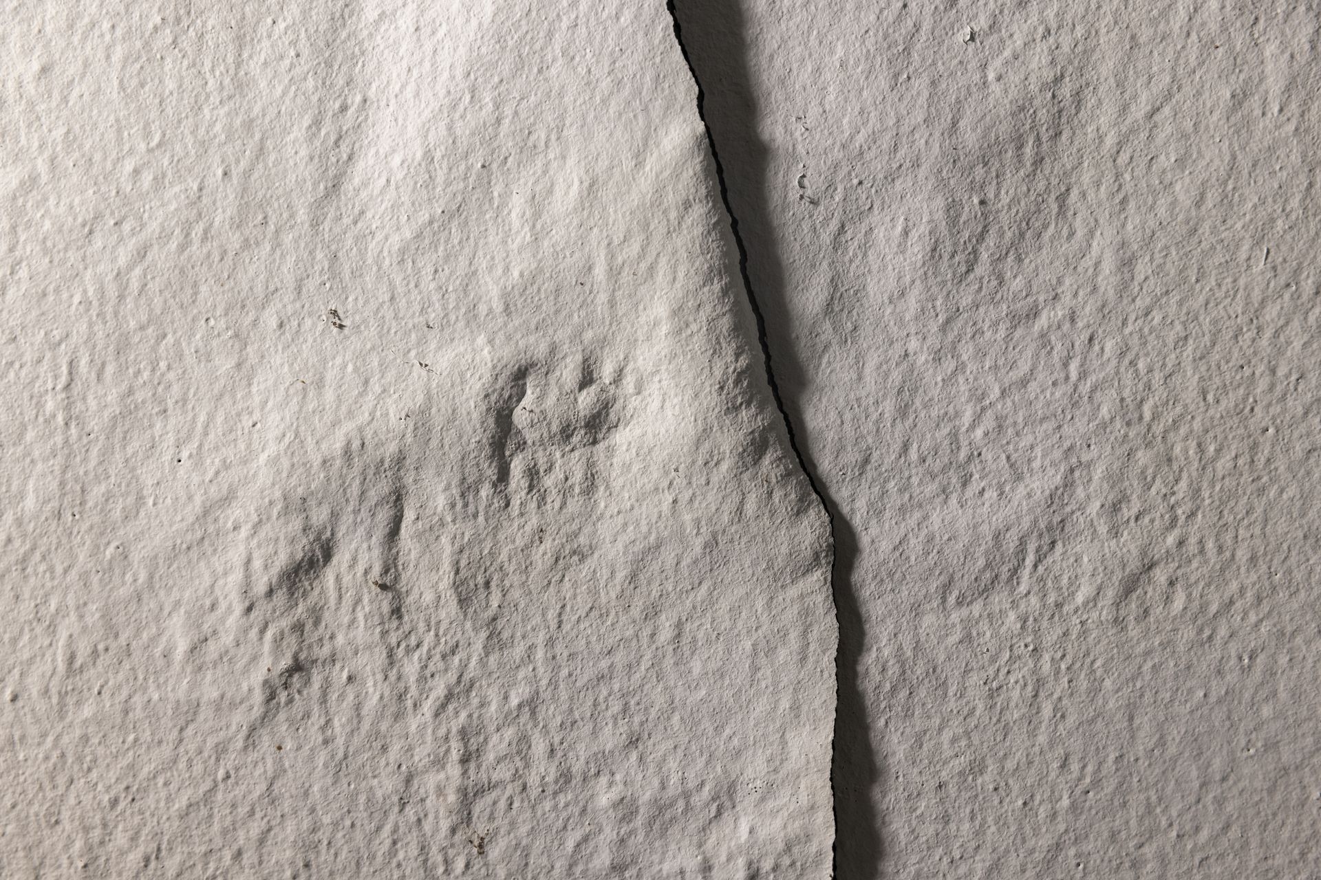 Close-up of a gray textured wall with a vertical crack and a faint handprint