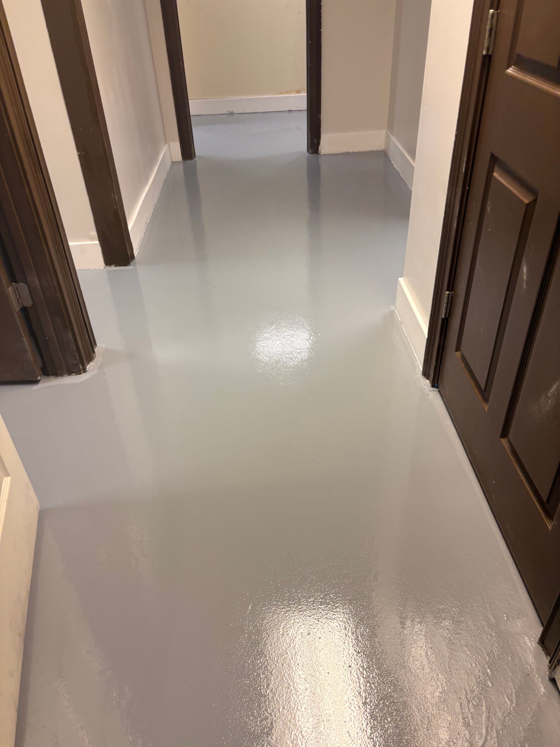 Hallway with freshly painted glossy gray floor and brown doors on both sides