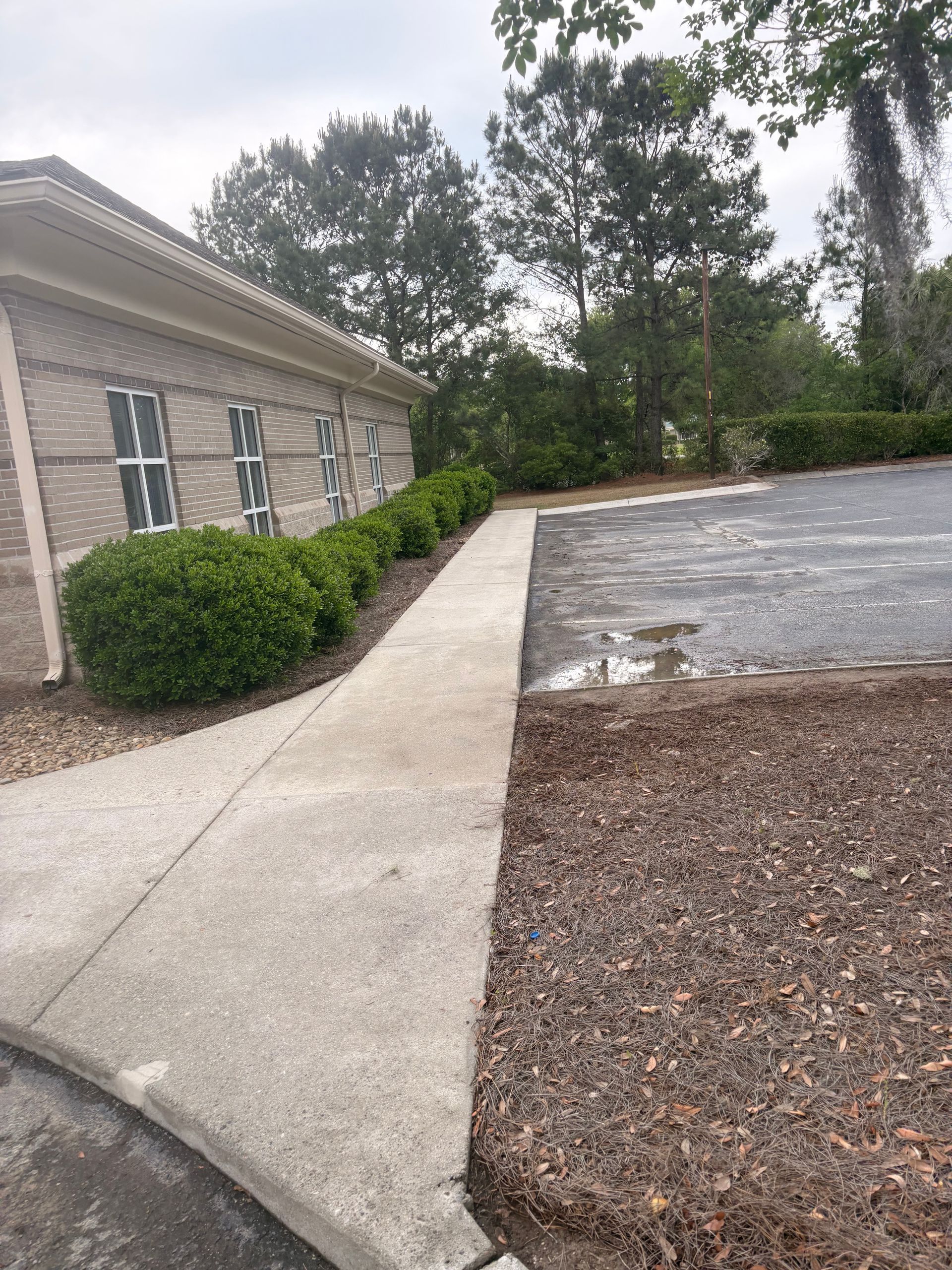 Concrete walkway beside a tan building, leading to a paved parking area with trees and shrubs.