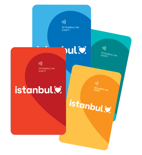 İstanbul Kart seyahat kartları çeşitli renklerdedir: kırmızı, mavi, turkuaz ve sarı.