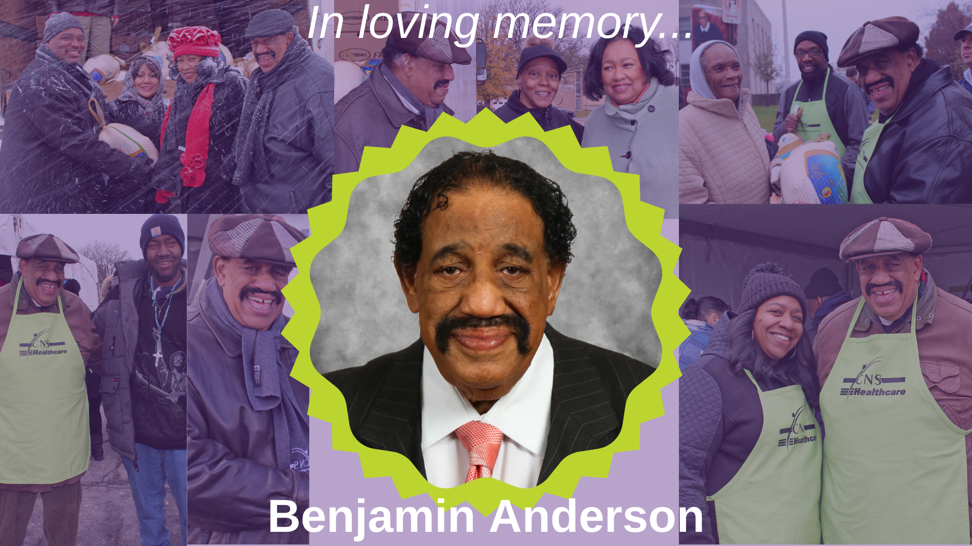 Memorial tribute for Benjamin Anderson, center portrait, surrounded by photos of him with others, in light green and purple.