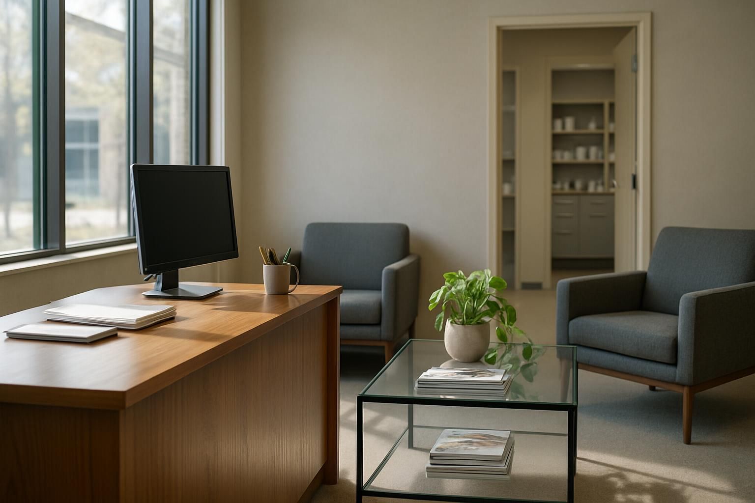 Office interior with desk, two armchairs, coffee table, and a doorway.